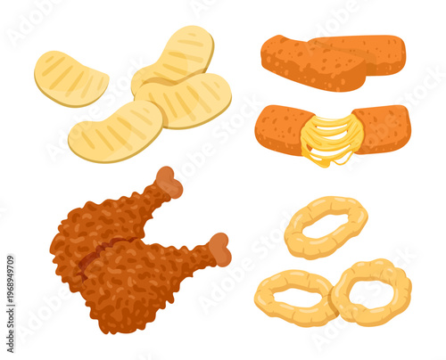 Fast food snack. Crispy junk food, chips, mozzarella cheese sticks and fried onion rings, takeaway restaurant food flat vector illustration set. Cartoon tasty junk snacks isolated on white