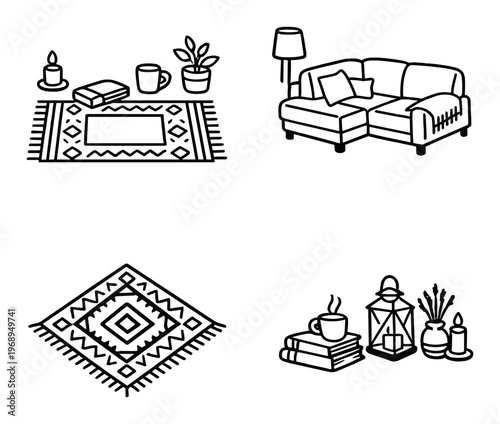 Living room furniture and decor arranged on dark backdrop