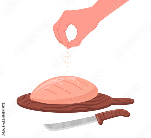 Hand salting chicken fillet. Cartoon chicken meat seasoning, delicious meat product, poultry salting process flat vector illustration. Chicken fillet cooking on white