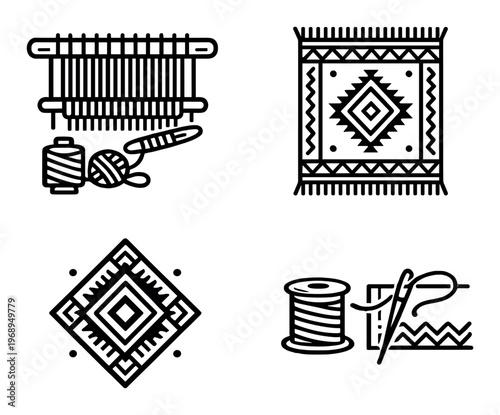 Weaving and sewing tools with rug patterns on dark background