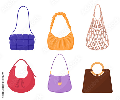 Leather bags. Stylish woman bags, casual shopper, satchel and bucket bag flat vector illustration set. Cartoon fashionable women accessory isolated on white