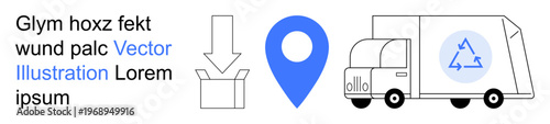 Logistics, recycling, delivery system, packaging, eco-friendly transport, navigation. Truck with recycling symbol and map marker next to an open box and arrow graphic. Recycling and logistics concept