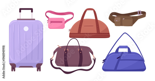 Travel bags. Casual luggage and bags, travel bags for vacation or business trips flat vector illustration set. Cartoon luggage and bags isolated on white background