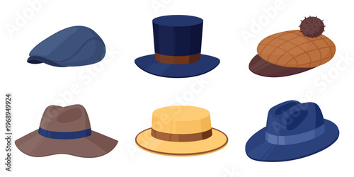 Vintage headwear. Cartoon retro hats, cap, cylinder and newsboy cap, old fashion headwear accessories, classic had wearing elements flat vector Illustration set. Headdress collection isolated on white