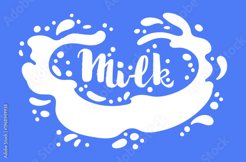 White milk splash label. Cartoon milk flows logo, dairy product splash drops with lettering flat vector illustration. Isolated milky splash