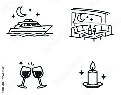 Yacht, lounge, clinking glasses and candle at night