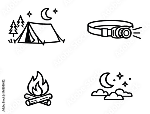 Tent headlamp campfire and moon icons on dark background