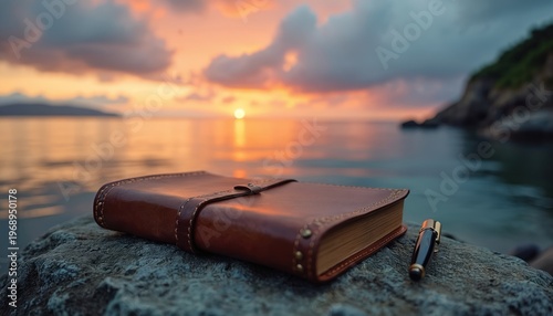 Leather logbook and pen sit on rock by sea. Sunset reflects on calm ocean water. Evening light fades over landscape. Person records thoughts or memories.