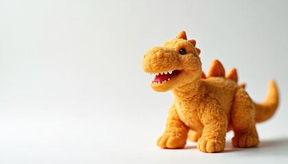 Cute dinosaur shaped chicken nugget with open mouth and sharp teeth sits on white background. Food shaped like animal for kids playful mealtime. Fun and tasty snack.