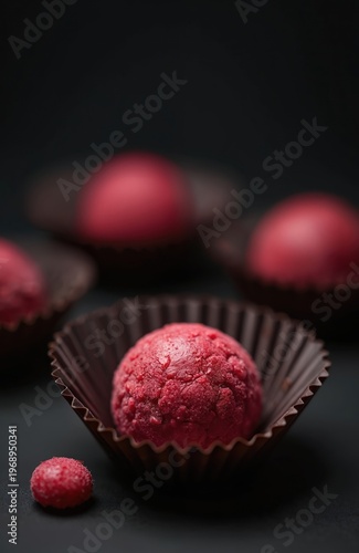 Several round red candies with textured surfaces sit in brown paper cups on dark background. One small candy rests in front of large one. Sweet treats look delicious and are perfect for parties.