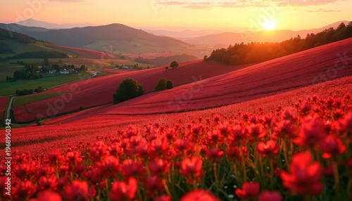 Red flower fields cover rolling hills at sunset in Slovakia. Rolling hills are dotted with trees and a small village. The sky glows with soft orange and yellow light.