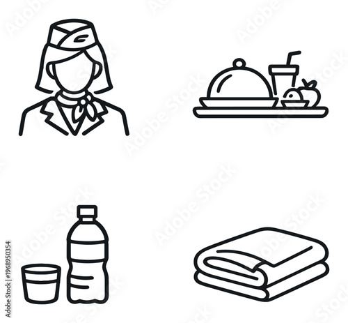 Flight attendant and service items on dark background panel