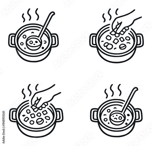 Soup cooking and ingredient adding icons on dark background