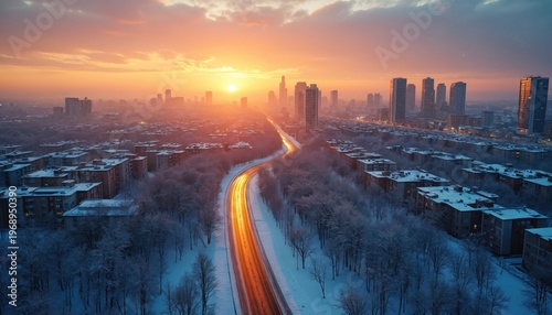 Snow covers residential buildings and trees. A road leads to city skyscrapers under a warm sunset sky. Winter twilight in a populated metropolitan area.