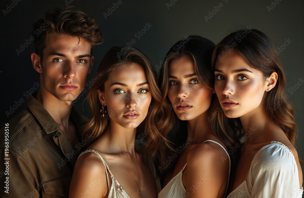 Obraz premium Four attractive young models posing for studio portrait. Two women wear elegant white dresses. One man wears casual brown shirt. Fashion beauty and style photography for ads.