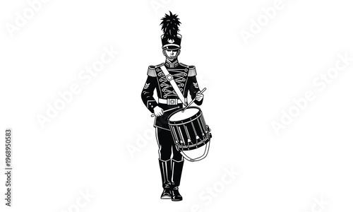 Marching band drummer in uniform playing snare drum, military parade musician silhouette, ceremonial music performance illustration isolated on white background