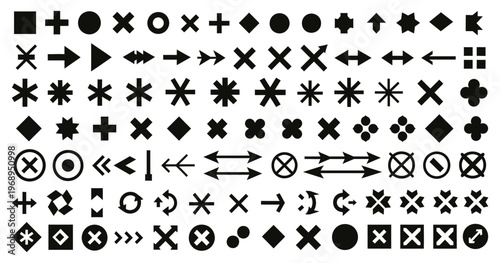 Collection of diverse black symbols and geometric shapes on white background