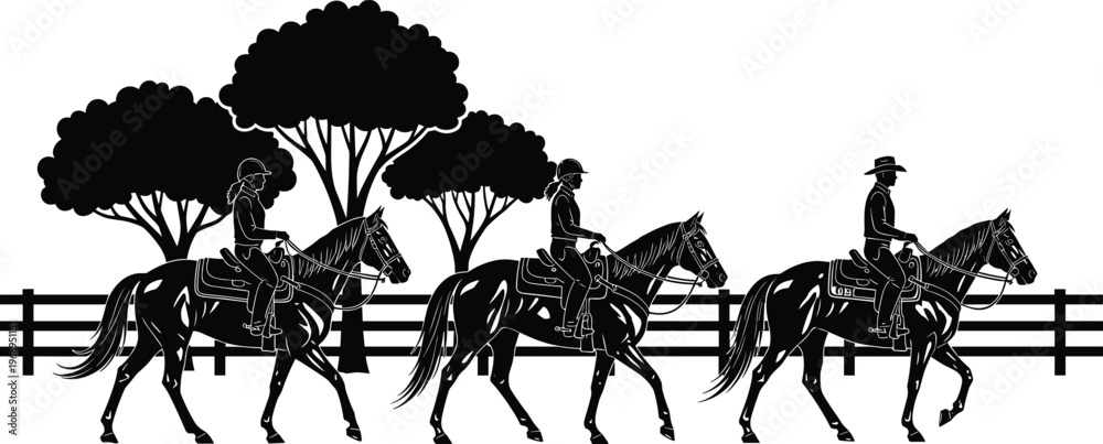 Obraz premium Silhouette of horse riders on ranch with fence and trees, equestrian scene, cowboy lifestyle illustration, countryside horseback riding concept