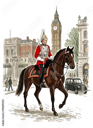 London life guard on horseback with Big Ben in background. British royal guard: mounted cavalry soldier in ceremonial uniform. London cityscape illustration, iconic landmarks, scene of central London