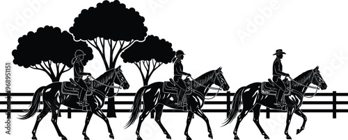 Silhouette of horse riders on ranch with fence and trees, equestrian scene, cowboy lifestyle illustration, countryside horseback riding concept