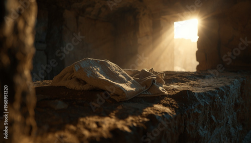 Empty tomb with burial cloth illuminated by divine light, symbolizing resurrection