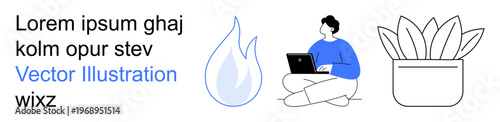 Remote work, creativity, branding, education, technology, minimalism. Minimalist scene showing a person using a laptop, flame icon and plant pot. Remote work and creativity visuals