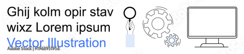 Business tools, tech innovation, data analysis, problem solving, software development, research. Magnifying glass, gear icons and monitor key ideas. Tech innovation and data analysis