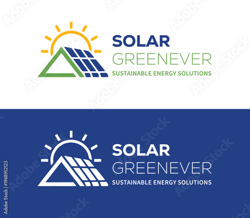 Solar energy company logo with house, sun, and solar panels