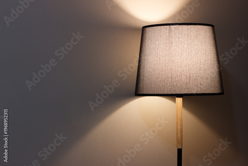 Minimalist photo of a floor lamp near a wall. Interior design elements. Floor lamp illuminates the wall. Dim light