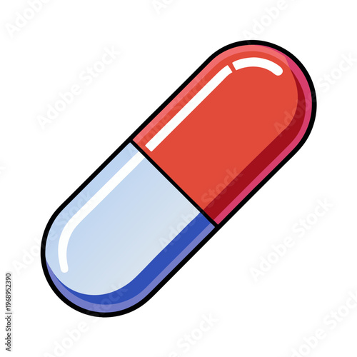 Red and blue medical capsule vector, pharmaceutical pill icon in cartoon style, healthcare medicine supplement illustration on white background