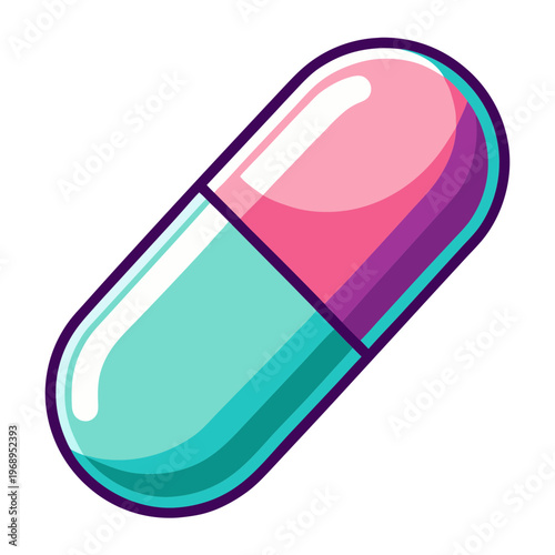 Cartoon medical pill capsule vector illustration, pink and turquoise antibiotic medicine icon, glossy pharmaceutical drug supplement graphic