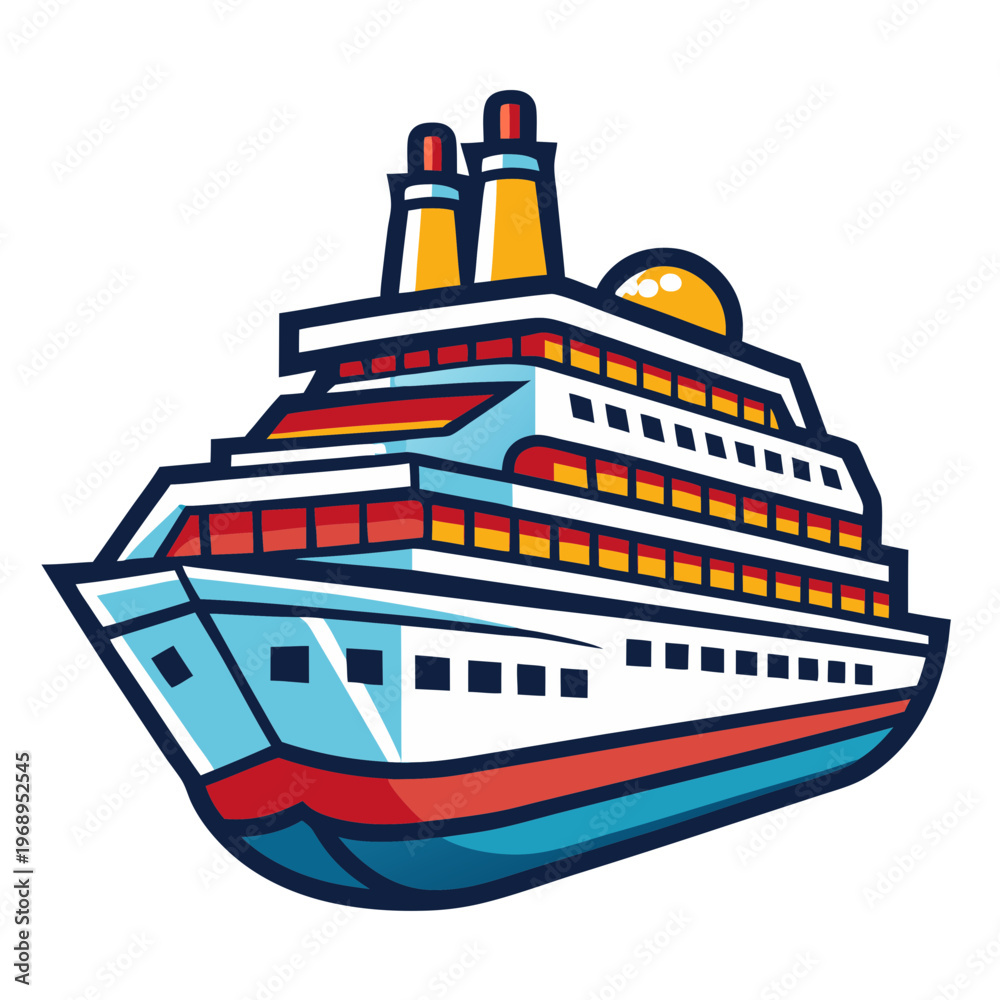 Fototapeta premium Modern cruise ship mascot vector, luxury ocean liner illustration, nautical travel vessel icon with bold outlines, maritime vacation transport