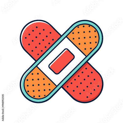 Medical adhesive bandage icon, crossed first aid plaster strips in flat vector style, red and orange surgical tape for wound care and injury recovery