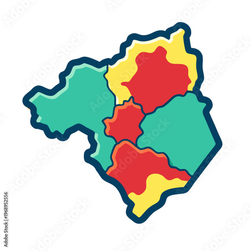 Stylized colorful map icon with regional divisions, abstract geographic territory vector, vibrant administrative district map for infographics
