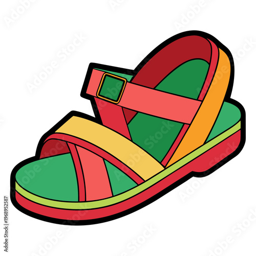 Colorful summer sandal vector illustration, vibrant red and green open toe footwear, cartoon style beach shoe icon for kids fashion