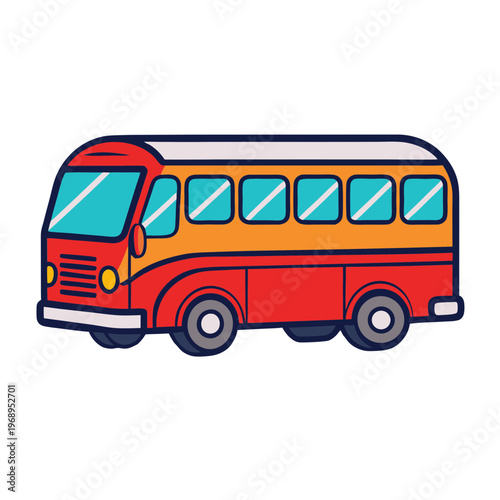 Retro cartoon bus vector illustration, colorful vintage passenger coach icon, red and orange shuttle vehicle for travel and tourism design