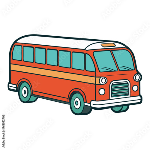 Retro orange bus vector illustration, vintage travel coach with teal windows, classic public transportation vehicle icon on white background