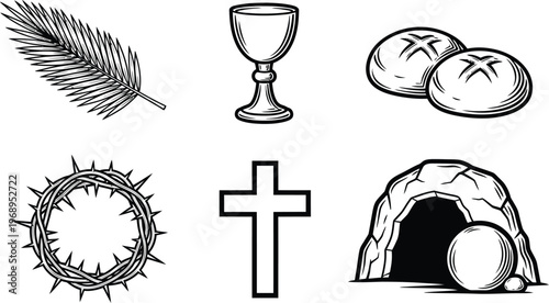 Christian religious symbols representing scenes from Holy Week and the First Communion. Palm branch, a chalice (cup), a loaf of bread, a crown of thorns, a cross, and an empty tomb.