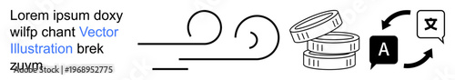 Financial transactions, foreign exchange, global communication, language translation, economy, and digital services. Scroll, coins and translation icons. Financial transactions and foreign exchange
