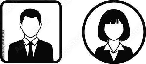 Silhouette icons of a businessman and businesswoman in corporate attire. Generic user profile pictures or avatars for professional applications. 