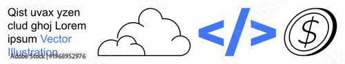 Cloud technology, coding, digital transactions, online payments, ecommerce, IT services. A cloud icon, blue code brackets and a dollar symbol. Cloud technology and coding concepts