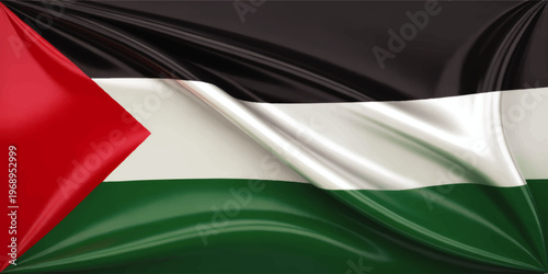 Waving Palestine Flag Background with Red Triangle Black White and Green Stripes, Glossy Fabric Texture and National Symbol
