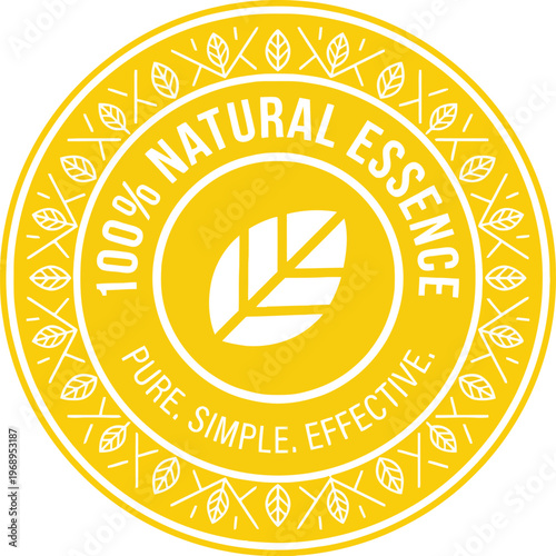 Circular yellow 100% natural essence seal with leaf symbol with white background