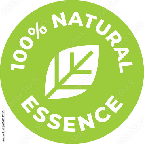 Green circle badge for 100% natural essence with leaf icon with white background