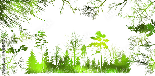 Forest green silhouette. Pine trees silhouette. Hand drawn. Not AI, vector illustration.