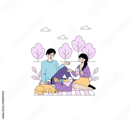 Relaxing Picnic Scene with Happy Couple and Dog