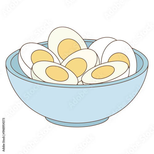 bowl of halved boiled eggs in flat design vector illustration