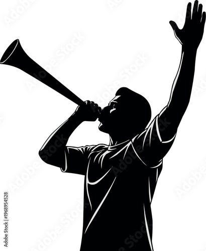 A black silhouette of a man blowing a horn and raising his hand in celebration