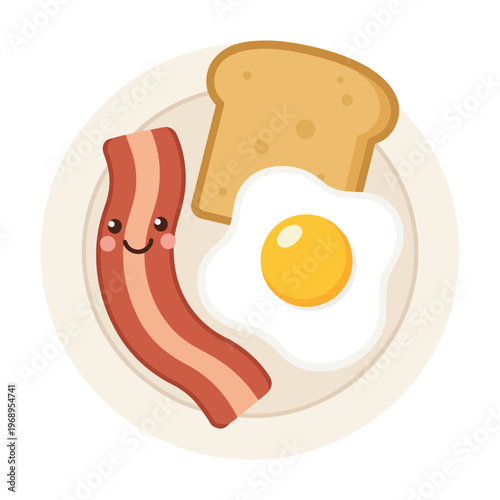 cute breakfast plate with smiling bacon, toast, and fried egg vector illustration