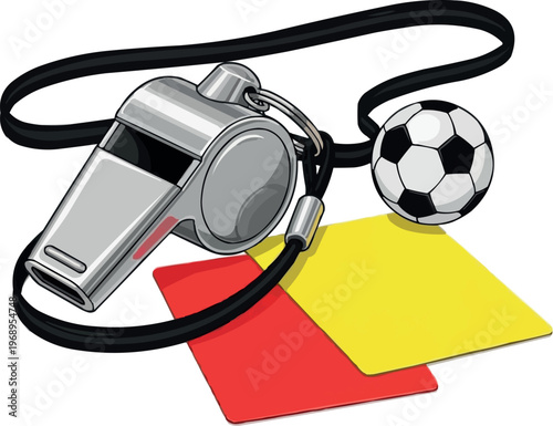 A vector illustration of a football referee's whistle, yellow and red cards, and a football